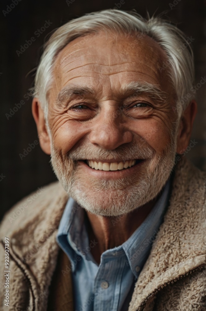 Joyful Senior Man Smiling Warmly Against Dark Background in Casual Attire Joyful Senior Man Smiling Warmly Against Dark Background in Casual Attire