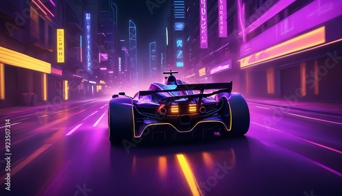 A Formula 1 race car speeding through a futuristic, neon-lit city at night photo