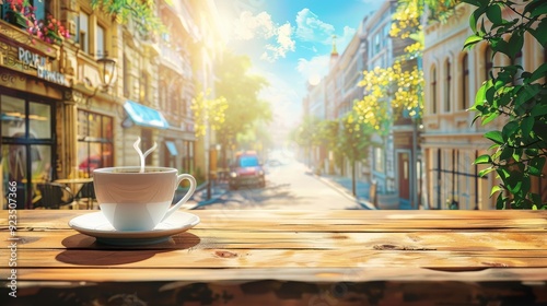 A serene street view with a coffee cup, capturing a peaceful morning atmosphere.