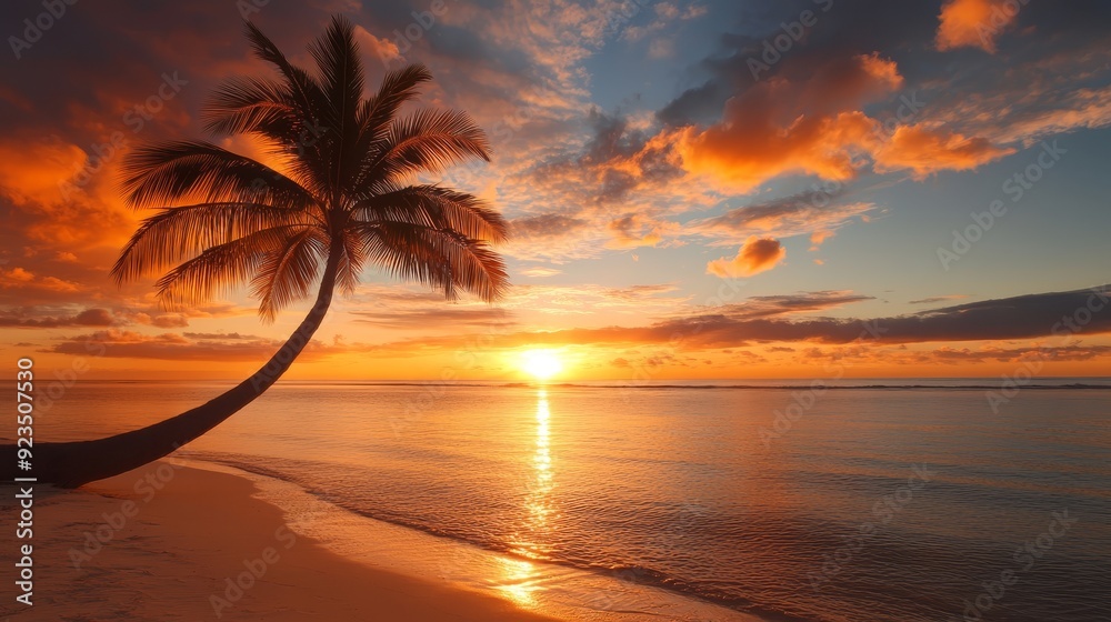 Tropical beach sunset with palm tree silhouette
