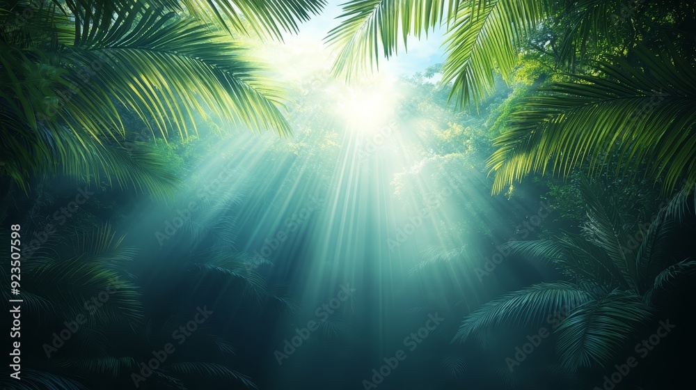 Sunlight streaming through lush tropical jungle Sunlight streaming through lush tropical jungle