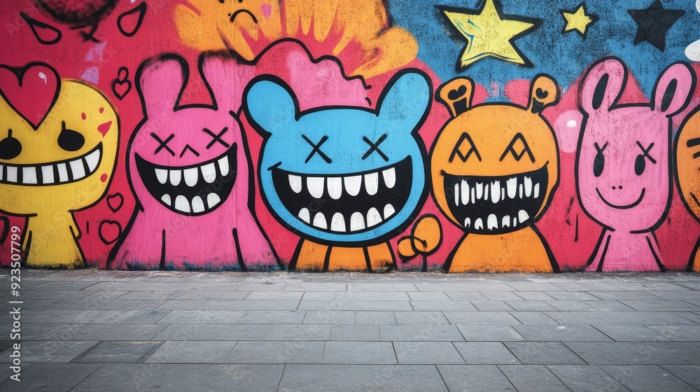 Colorful graffiti wall with cartoon characters Colorful graffiti wall with cartoon characters