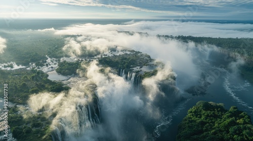 Majestic Aerial View of a Massive Waterfall with Mist Rising in a Scenic Landscape