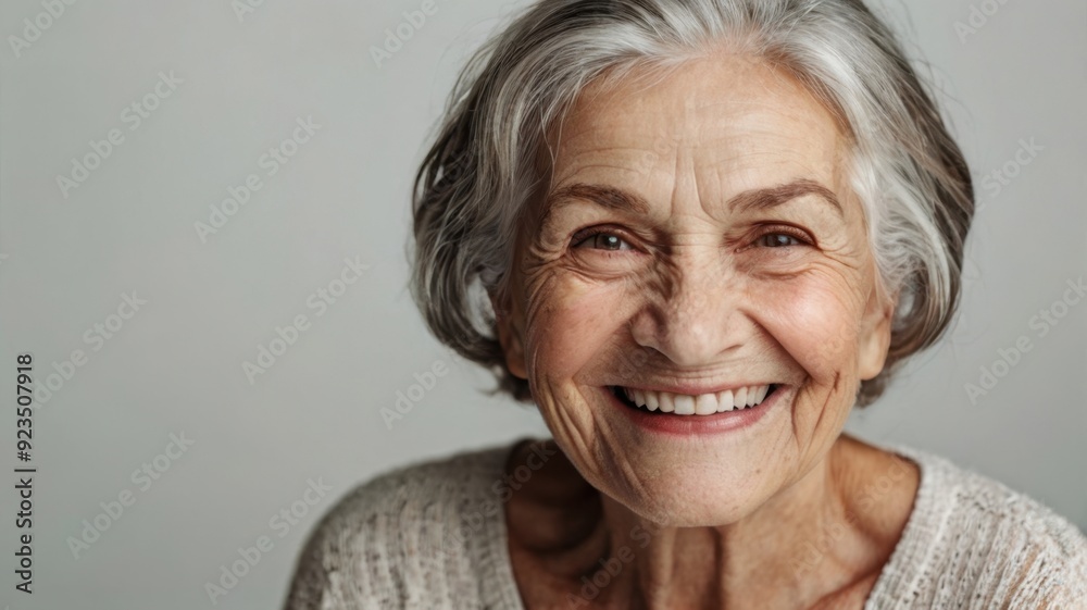 Joyful Senior Woman Smiling in Floral Blouse on White Background Joyful Senior Woman Smiling in Floral Blouse on White Background