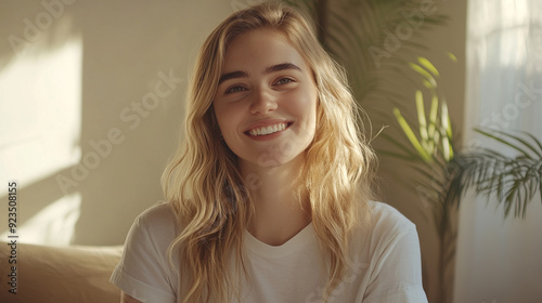 Portrait of a young Irish woman with a friendly smile, taken in a summer apartment in Dublin. Her light T-shirt, reddish wavy hair and bright eyes create an atmosphere of warmth and optimism.