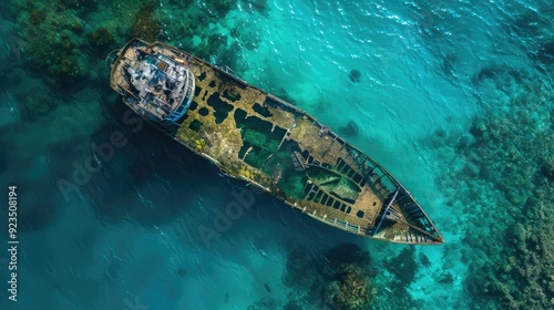 Bird's eye view of a shipwreck in shallow water