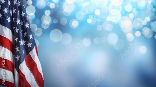 Realistic USA flag on blue blurry sky background