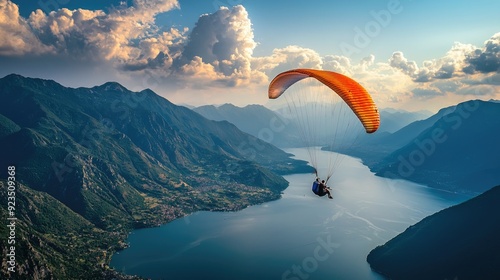 Aerial Adventure: Paraglider Soaring over Majestic Mountains and Lakes