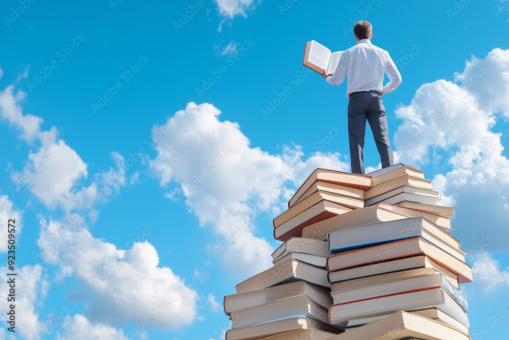 A person standing on top of a tower of books, symbolizing knowledge and career success A person standing on top of a tower of books, symbolizing knowledge and career success