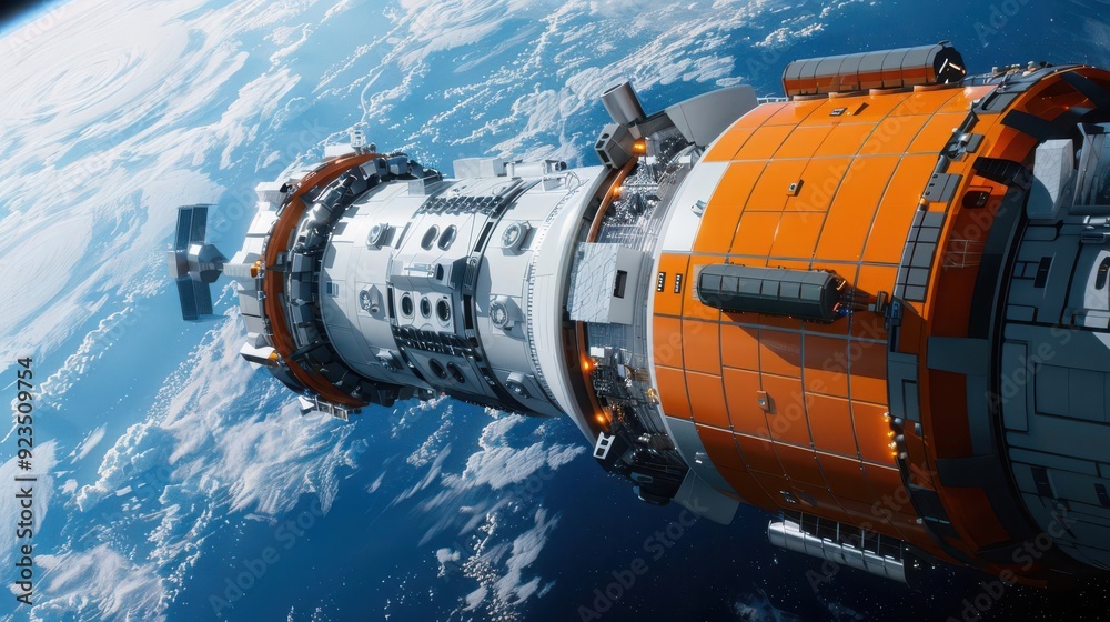 A detailed view of a modern spacecraft orbiting Earth, showcasing advanced technology and design against a cosmic background. A detailed view of a modern spacecraft orbiting Earth, showcasing advanced technology and design against a cosmic background.