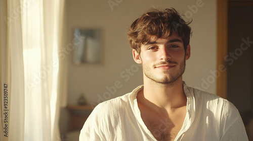 Portrait of a Spaniard with a friendly smile, taken in the summer in a cozy Madrid apartment. A light linen shirt, cheerful eyes and short hair convey warmth and energy.