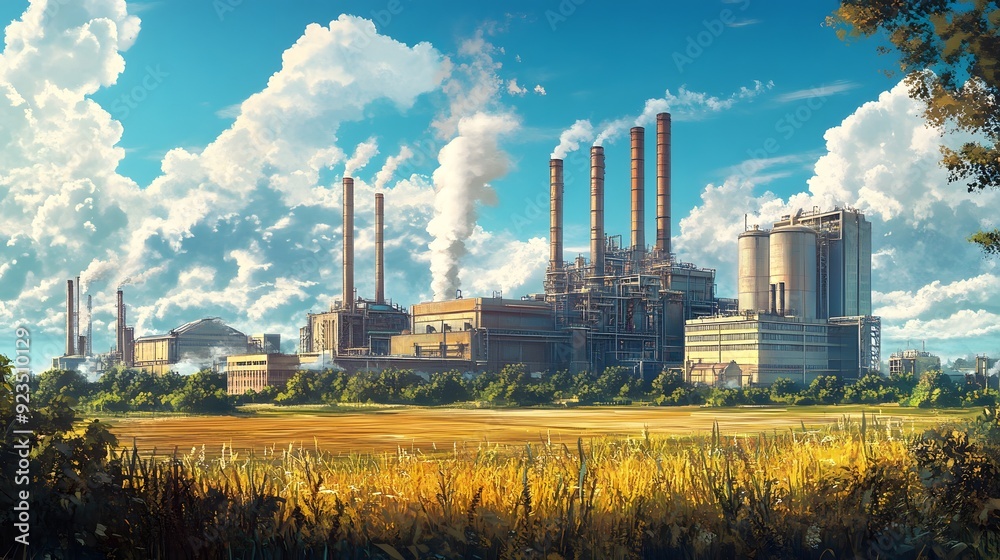 Ilustration of large factory with smokestacks emitting clouds of pollution into the sky, surrounded by fields and trees. In front is an open field, symbolizing land use change in the hilly terrain Ilustration of large factory with smokestacks emitting clouds of pollution into the sky, surrounded by fields and trees. In front is an open field, symbolizing land use change in the hilly terrain
