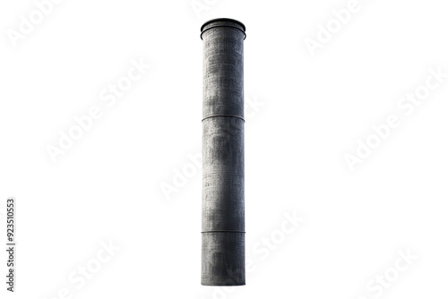 Vertical metal chimney isolated on transparent background. Tall industrial smoke stack with a weathered surface for factory emissions.