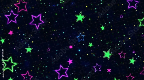 Cosmic Dreamscape - Seamless Neon Green and Purple Stars Vector Pattern on Black Grid Background for Dark Aesthetic Digital Art Design