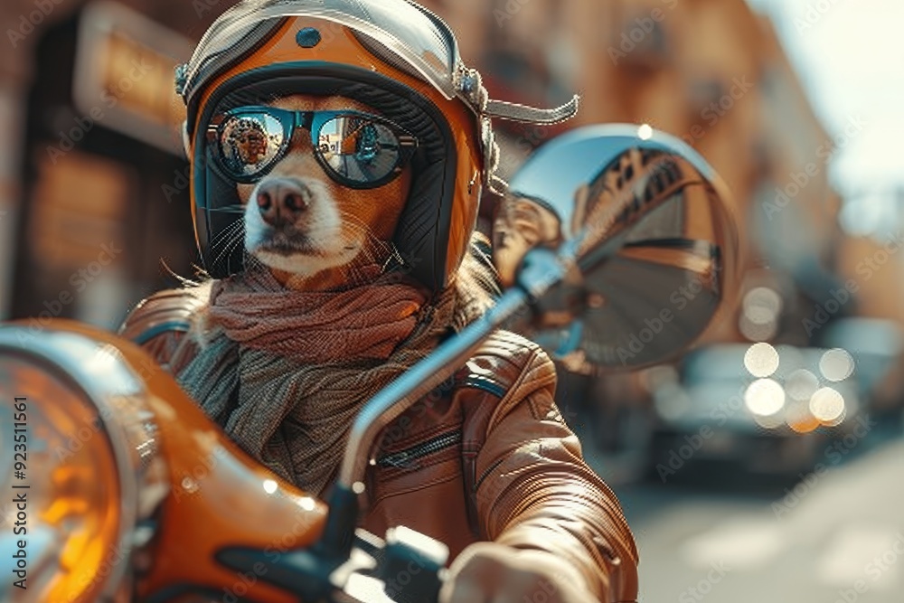 A Dog Wearing Sunglasses and a Helmet Riding a Motorcycle on a Sunny Street A Dog Wearing Sunglasses and a Helmet Riding a Motorcycle on a Sunny Street