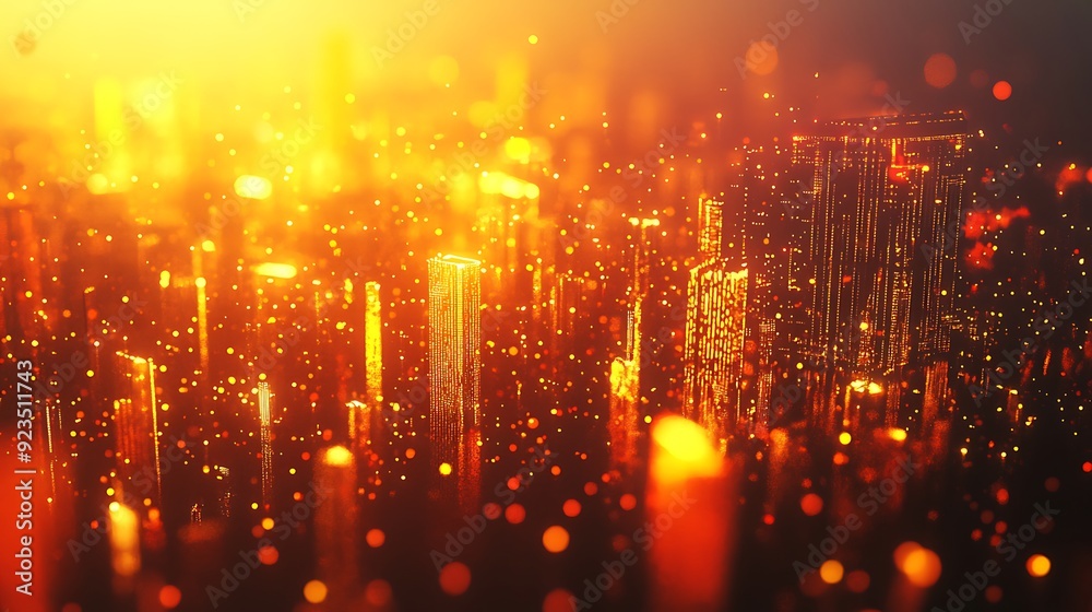 Fototapeta premium Luminous Cityscape: Abstract 3D Render with Vibrant Colors, Particles, and Haze on Dark Background