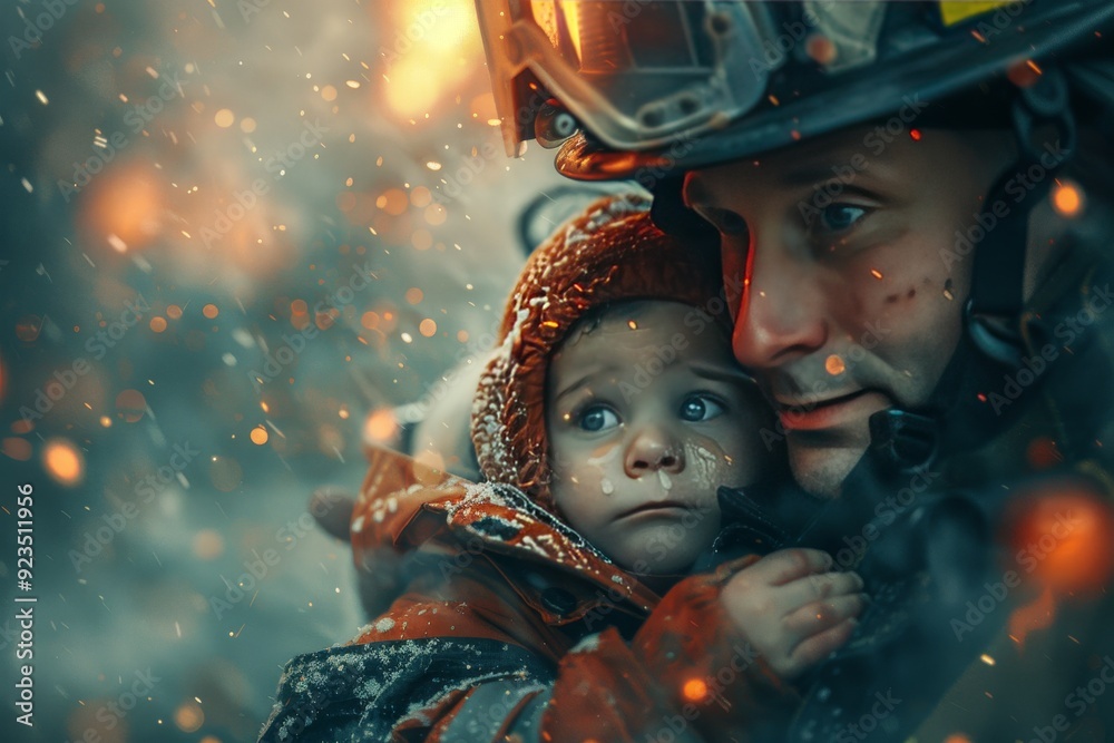 Fototapeta premium Firefighter Rescuing Child From Dangerous Situation While Snow Falls During Winter