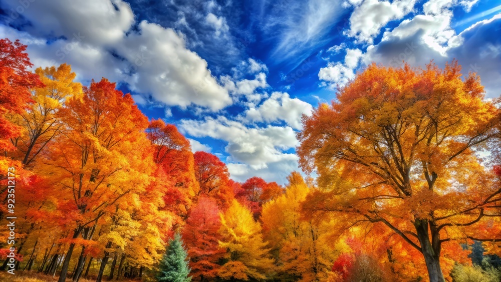 Fototapeta premium Vibrant autumn leaves in shades of orange, yellow, and red cling to branches of towering trees, set against a clear blue sky with soft white clouds.
