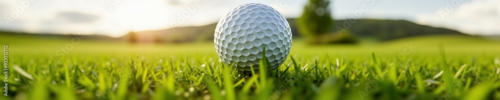A close-up of a golf ball nestled in lush green grass under a bright sky with scattered clouds, bathed in warm sunlight. A close-up of a golf ball nestled in lush green grass under a bright sky with scattered clouds, bathed in warm sunlight.