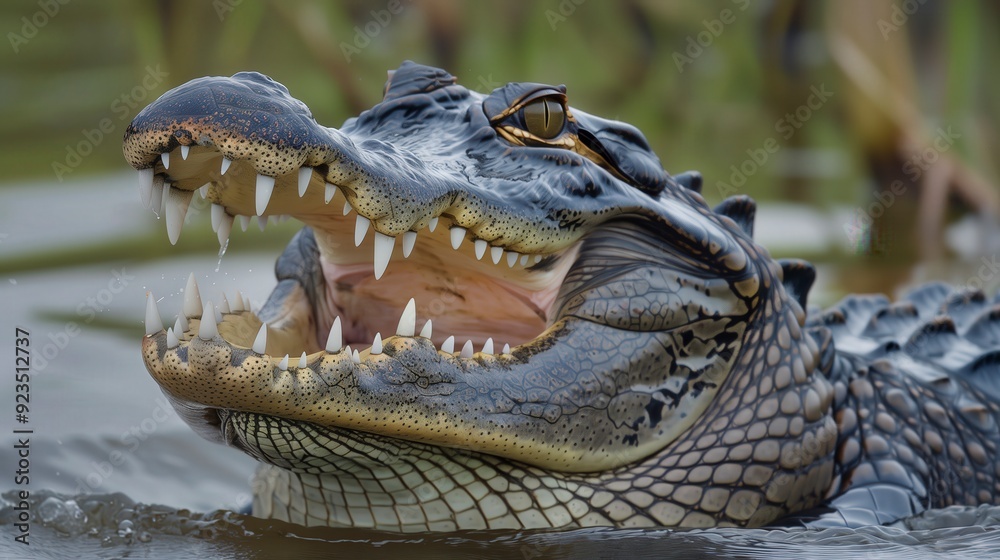 Fototapeta premium A close-up of a crocodile's head emerging from the water, showcasing its teeth and eyes.