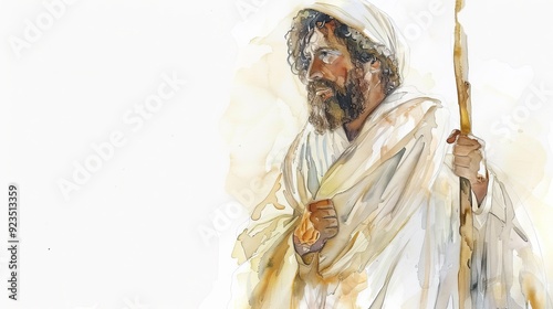 Apostle James the Less Holding Staff - Leadership in Early Church - Biblical Illustration on Beige Background - Copyspace