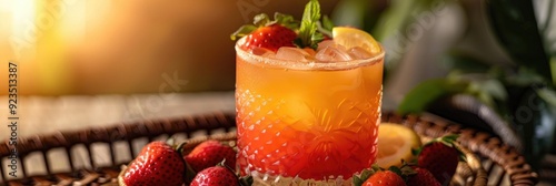 Vibrant Strawberry Cocktail with Ice and Tequila Sunrise Served on a Wicker Tray, Ideal for Summer Gatherings photo