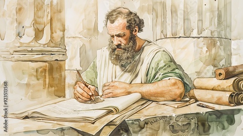 Apostle Paul Writing Epistle Biblical Illustration on Beige Background with Copyspace Ideal for Religious Content photo