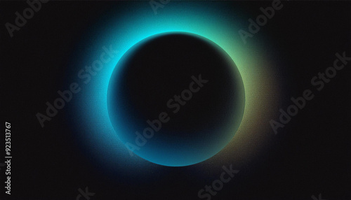 abstract grainy blue green gradient glowing ring, black  background banner poster