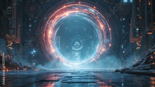 A large, swirling portal made of pure energy, opening into another dimension. The portal is surrounded by futuristic architecture, with floating digital screens displaying cryptic symbols  photo