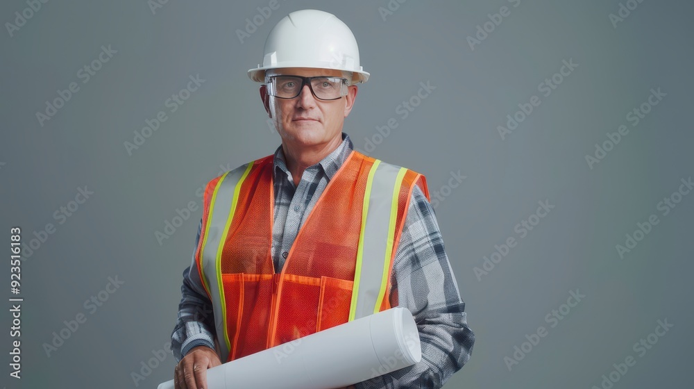 A construction worker wearing a hard hat and safety vest stands confidently with blueprints in hand A construction worker wearing a hard hat and safety vest stands confidently with blueprints in hand