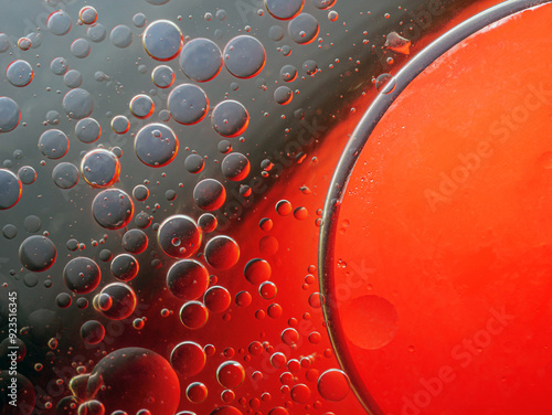 Abstract Background Red oil Macro Colorful artistic of oil drop floating on the water. macro red and  gray  bubble oil of wallpeper photo