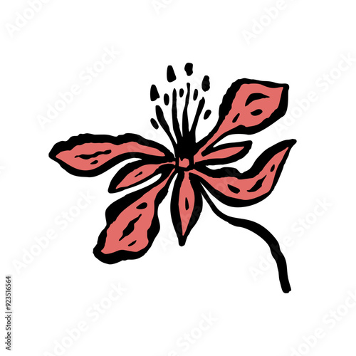 Inky abstract flower sketch isolated on white. Black line art of minimalist doodle floral. Hand drawn botanical illustration