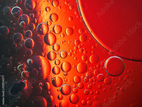 Abstract Background Red oil Macro Colorful artistic of oil drop floating on the water. macro red bubble oil of wallpeper, fizzyness bubble concept photo