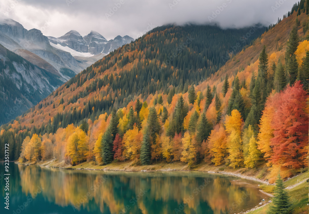 Vibrant Autumn Foliage Surrounding a Tranquil Lake in the Mountains During Early Morning Vibrant Autumn Foliage Surrounding a Tranquil Lake in the Mountains During Early Morning