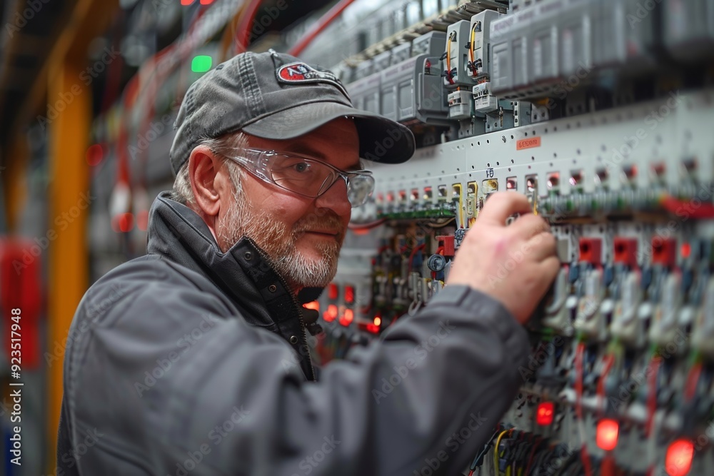 Experienced Technician Working Diligently on Complex Electrical Control Panel in Modern Manufacturing Facility Experienced Technician Working Diligently on Complex Electrical Control Panel in Modern Manufacturing Facility