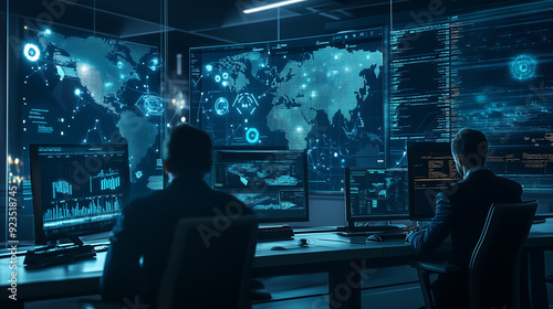 Create a scene of an AI-powered cybersecurity network detecting and neutralizing threats in real-time