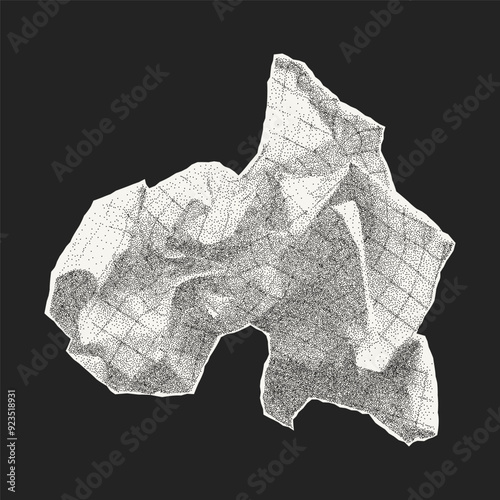 Crumpled wad of checkered paper isolated on a dark background. Old dusty notebook sheet with gritty texture, mistake, recycling.
