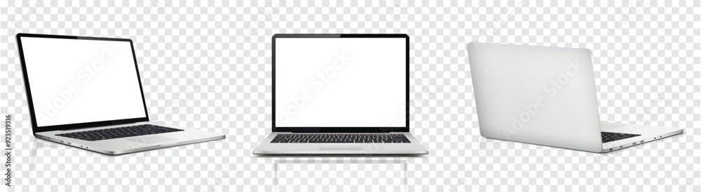 Laptop computer with white screen, front and rear view isolated on transparent background Laptop computer with white screen, front and rear view isolated on transparent background
