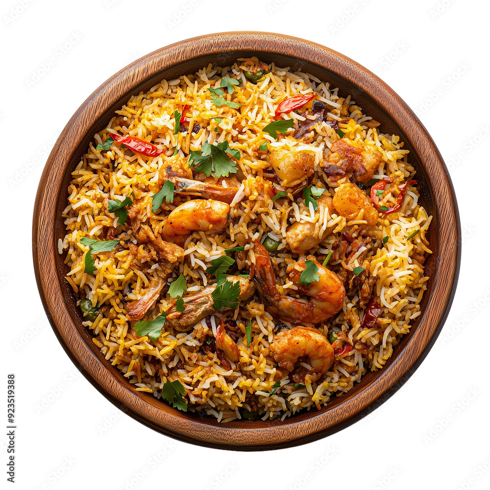 Biryani top view isolated on transparent or white background 