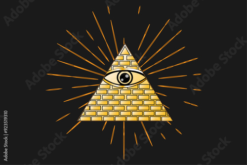 Eye of All Vision. Illuminated pyramid triangle with golden sun rays. Golden Illuminati, golden eye, esotericism.