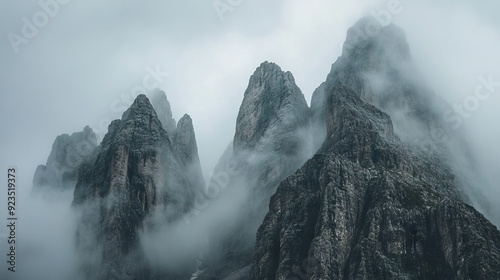 Dramatic Mountain Peaks Shrouded in Thick Fog with Jagged Rocks and Moody Sky. AI generated illustration