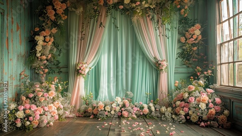 A beautifully decorated space featuring soft drapes and an abundance of flowers, ideal for events like weddings or photoshoots.