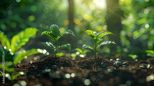 Young plants sprouting in rich soil at sunrise.