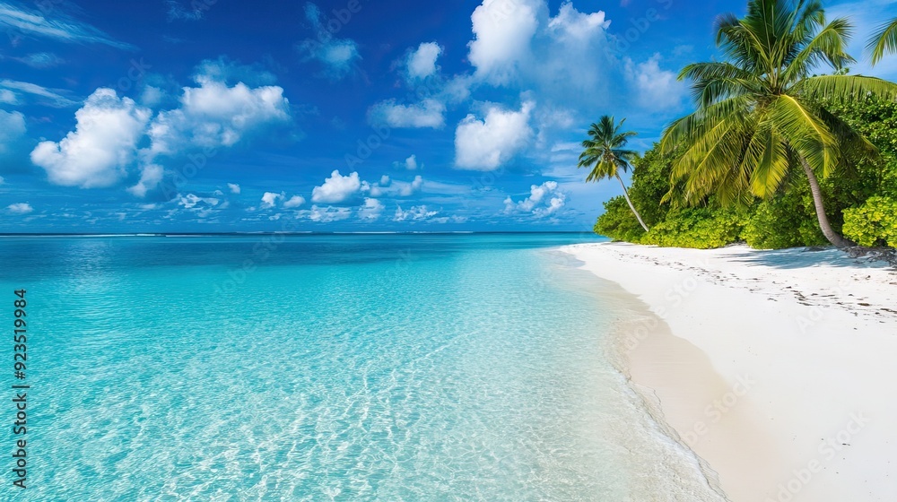 Fototapeta premium Secluded Tropical Beach with Crystal-Clear Turquoise Water and Swaying Palm Trees. AI generated illustration