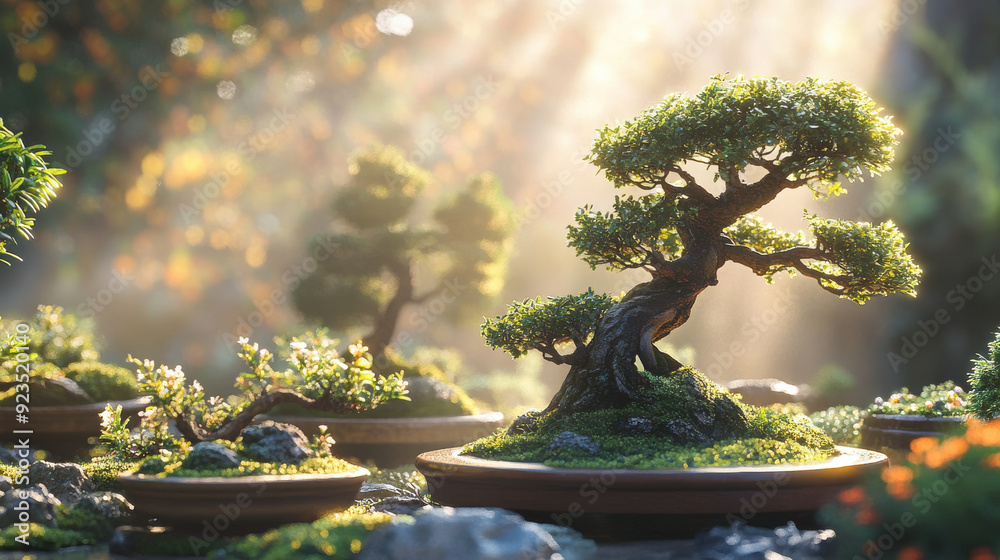 Serene bonsai garden with meticulously pruned miniature trees, bathed in realistic, soft sunlight creating delicate shadows. Serene bonsai garden with meticulously pruned miniature trees, bathed in realistic, soft sunlight creating delicate shadows.