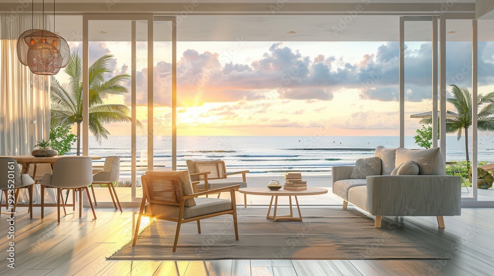 Fototapeta premium Interior view of vacation house with seascape scenic view at sunset