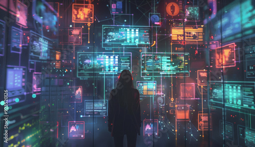 Woman Engaged with Multiple Digital Screens Surrounded by Vibrant Colors and Glowing Lights, Representing AI Integration in Data Analysis and Marketing Communication, Highlighting the Technological Fu