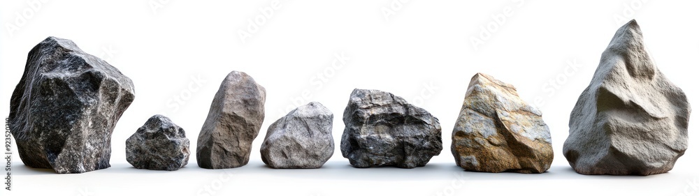 Obraz premium Seven Various-Sized and Colored Rocks Arranged in a Row on White Background