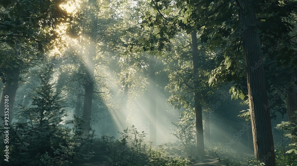 Obraz premium Tranquil Forest Scene with Towering Trees, Soft Sunlight, and Gentle Mist. AI generated illustration