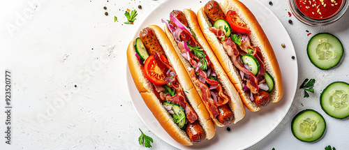 Hot dog with sausage. bacon, cucumber, tomato and red onion on white plate. with empty copy space Top view